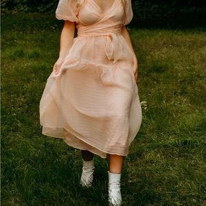 Free people long sheer dress with a slip + puffy sleeve